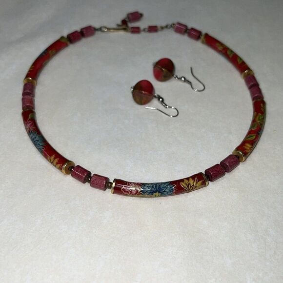 Hand Pained Floral Vintage Chocker In Gold & Red Tones With Earrings 16” Long - Picture 3 of 9